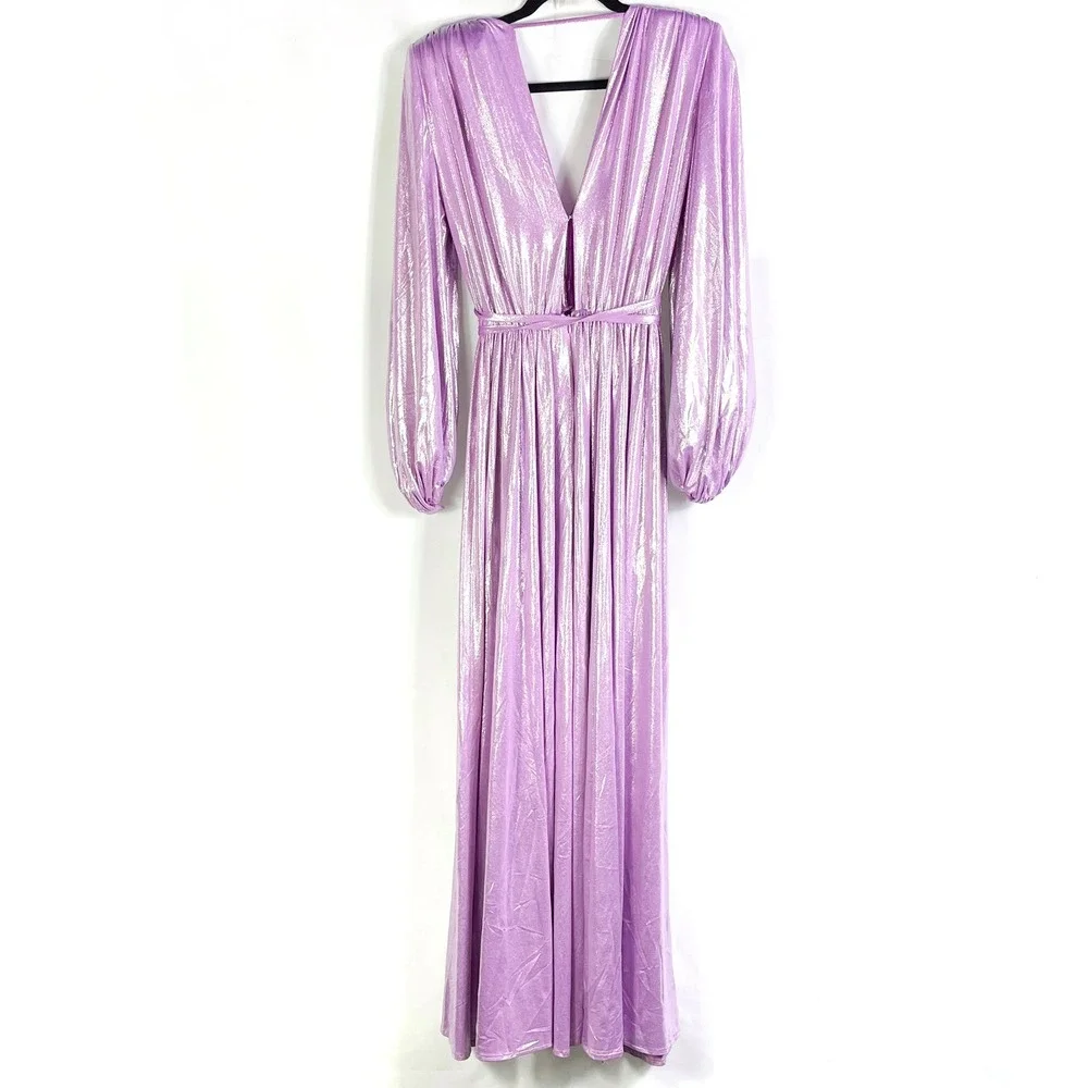 Bronx & Banco Zoe Lame Gown Maxi Dress Purple Lilac Plunge Slits Sz 4 US / Small - Picture 16 of 16